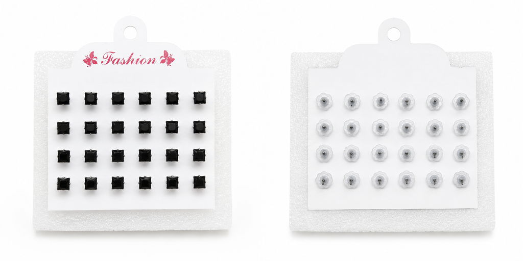 Mixed combo CZ stud earrings set – 8 pairs clear round CZ studs and 4 pairs black square CZ studs on white Fashion display card with butterfly backs shown on reverse – AureliaBlends everyday stud earrings