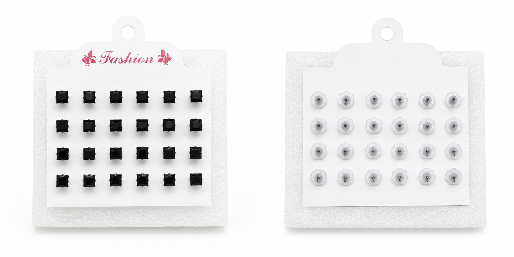 Mixed combo CZ stud earrings set – 8 pairs clear round CZ studs and 4 pairs black square CZ studs on white Fashion display card with butterfly backs shown on reverse – AureliaBlends everyday stud earrings