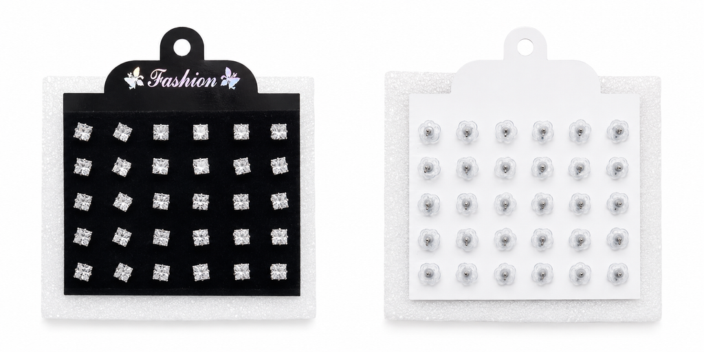 Mixed combo CZ stud earrings set front view showing 8 pairs clear round CZ and 4 pairs black square CZ studs on white Fashion card – AureliaBlends crystal stud earrings multi-pack