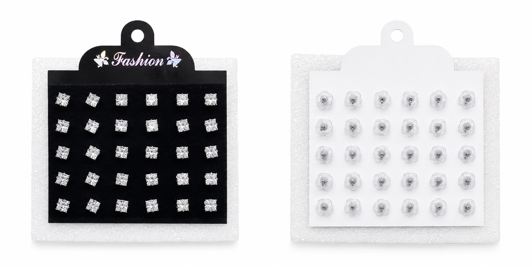 Mixed combo CZ stud earrings set front view showing 8 pairs clear round CZ and 4 pairs black square CZ studs on white Fashion card – AureliaBlends crystal stud earrings multi-pack