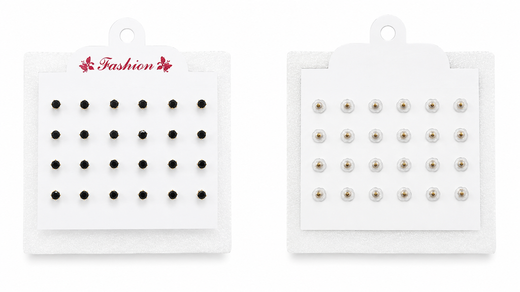 Mixed combo CZ stud earrings set duplicate front view showing 8 pairs clear round CZ and 4 pairs black square CZ studs on white Fashion card – AureliaBlends everyday stud earrings set