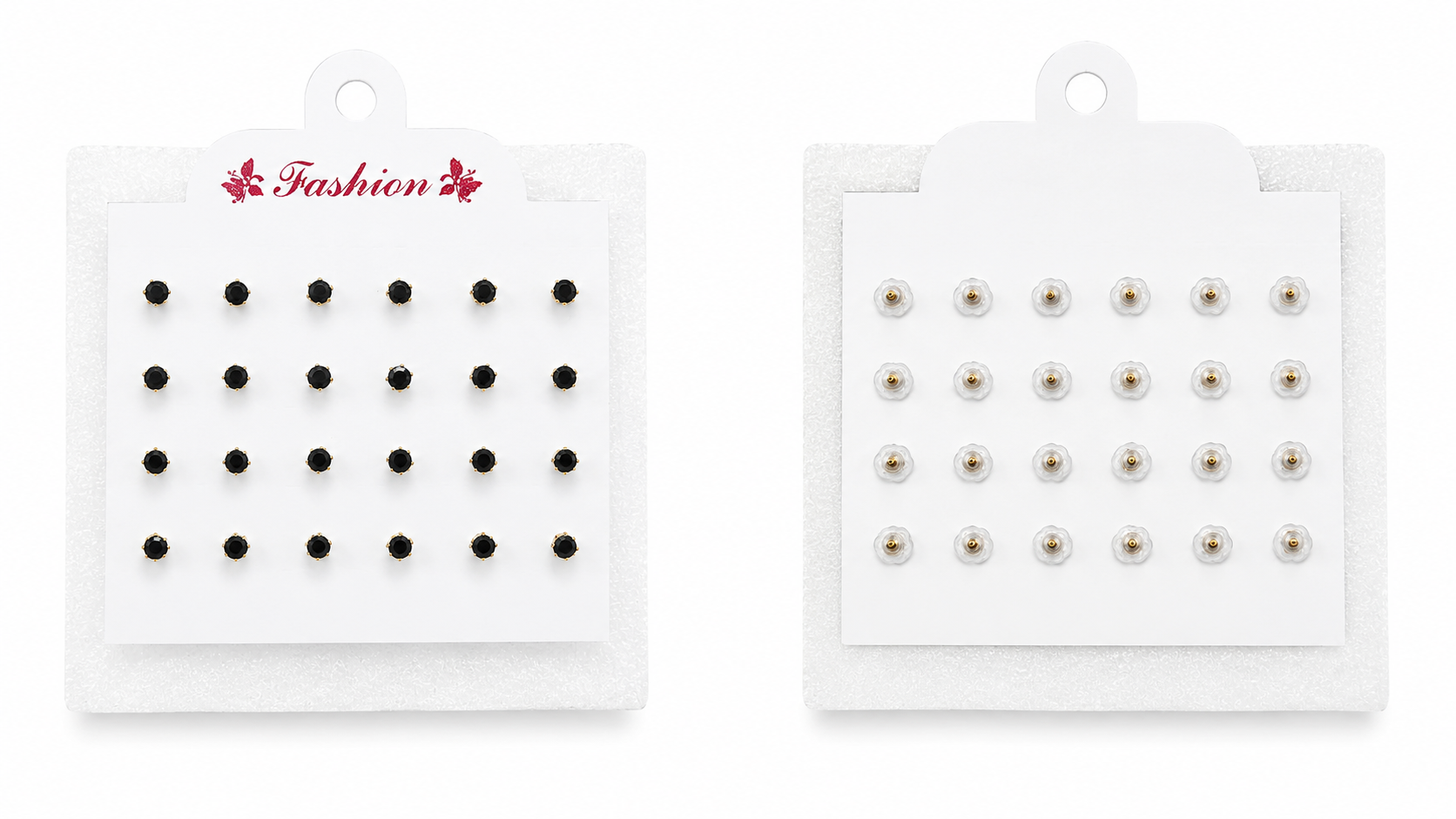 Mixed combo CZ stud earrings set duplicate front view showing 8 pairs clear round CZ and 4 pairs black square CZ studs on white Fashion card – AureliaBlends everyday stud earrings set