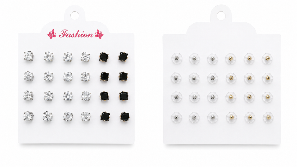 Front and back view diagram of mixed combo CZ stud earrings set labelled FRONT VIEW and BACK VIEW showing clear round CZ and black square CZ studs with butterfly push-back closures – AureliaBlends stud earrings
