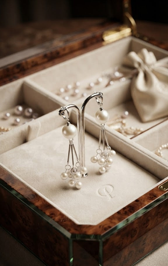 Silver lavender grey pearl cluster chandelier drop earrings on a cream velvet jewellery stand on white marble background – AureliaBlends Perle de Chandelier bridal earrings product shot