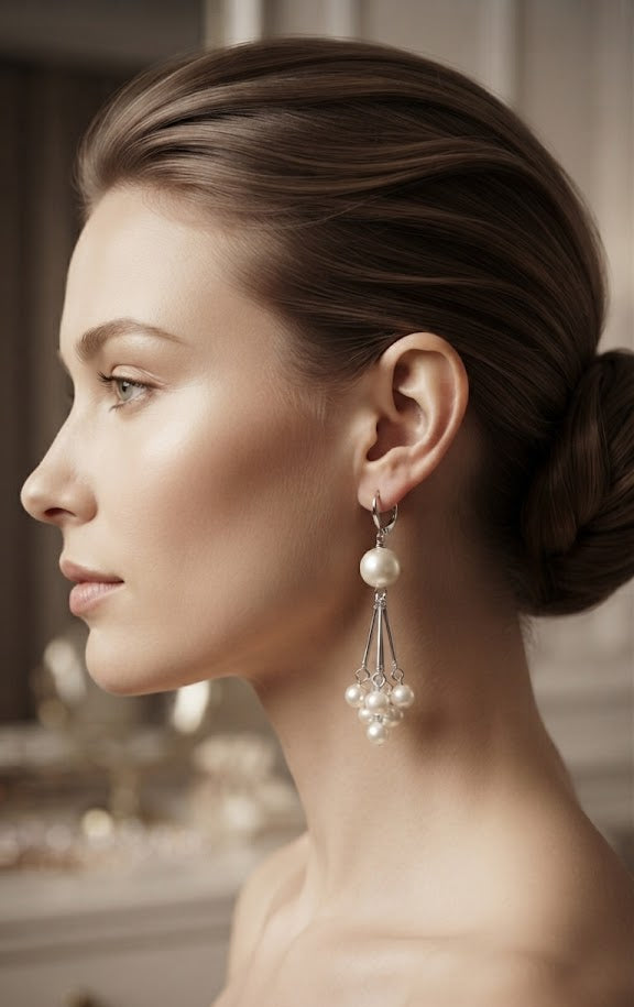 Silver lavender grey pearl cluster chandelier drop earrings on a white marble jewellery stand on dark burl wood surface with a cream drawstring pouch, loose pearls, pearl necklace, a 'For Someone Truly Special With Love' card, lace doily, compact tin and satin ribbon – AureliaBlends Perle de Chandelier