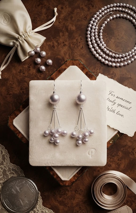 Ivory white pearl cluster chandelier drop earrings hanging on a silver T-bar display stand on a dark burl wood base against a black background – AureliaBlends Perle de Chandelier bridal drop earrings