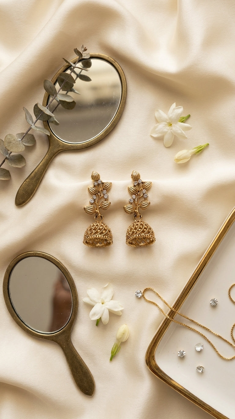 Gold-plated CZ botanical leaf vine and open filigree dome jhumka bell drop earrings in open rustic walnut wood gift box with emerald green velvet cushion cream satin lining and For You gift tag with ivory ribbon, pink roses and white jasmine – AureliaBlends luxury gift earrings
