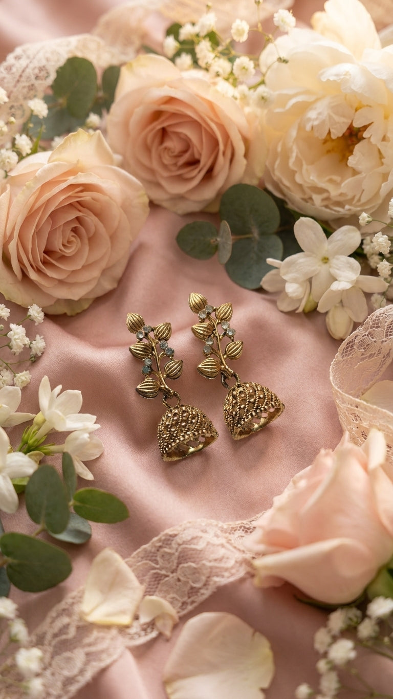 Gold-plated CZ botanical leaf vine and open filigree dome jhumka bell drop earrings on black velvet showing full antique gold detail of ribbed leaf buds CZ vine accents and intricate lattice cutwork jhumka bell – AureliaBlends statement earrings