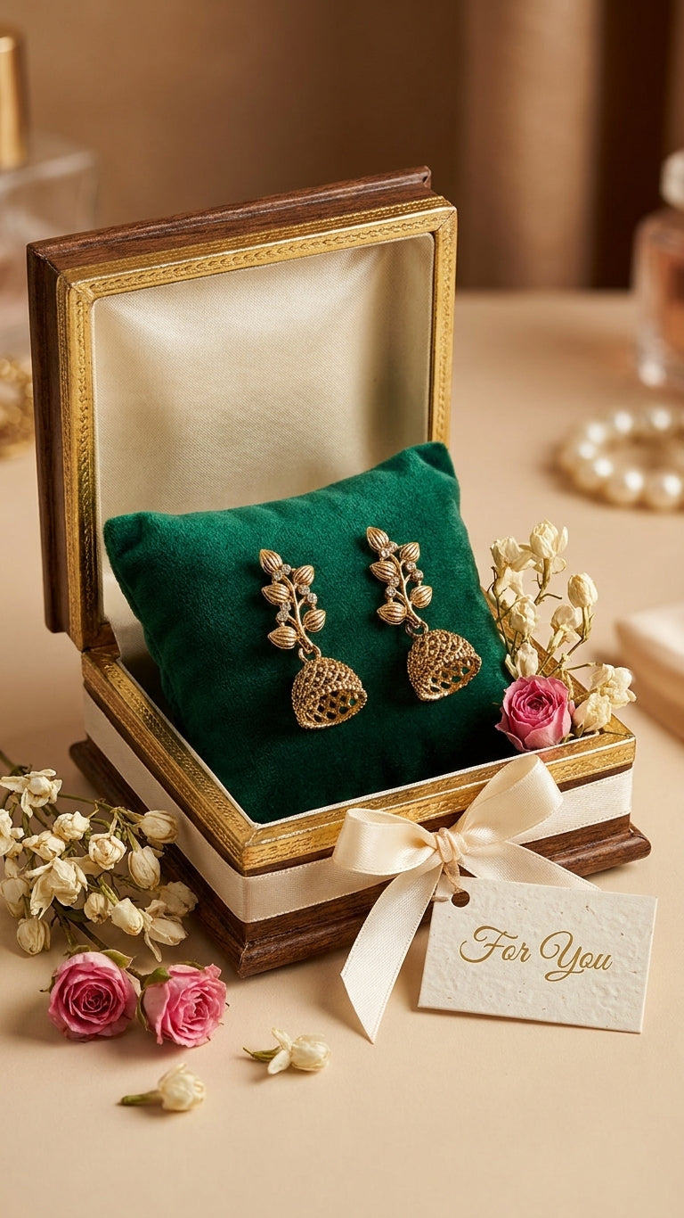 Gold-plated CZ botanical leaf vine and open filigree dome jhumka bell drop earrings in open dark mahogany lacquer jewellery box with emerald green velvet cushion and gold trim on marble counter in luxury jewellery boutique – AureliaBlends