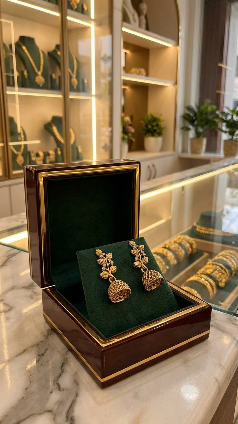 Gold-plated CZ botanical leaf vine and open filigree dome jhumka bell drop earrings in open dark mahogany lacquer jewellery box with emerald green velvet cushion and gold trim displayed on white marble counter in luxury gold jewellery boutique with illuminated display cases – AureliaBlends