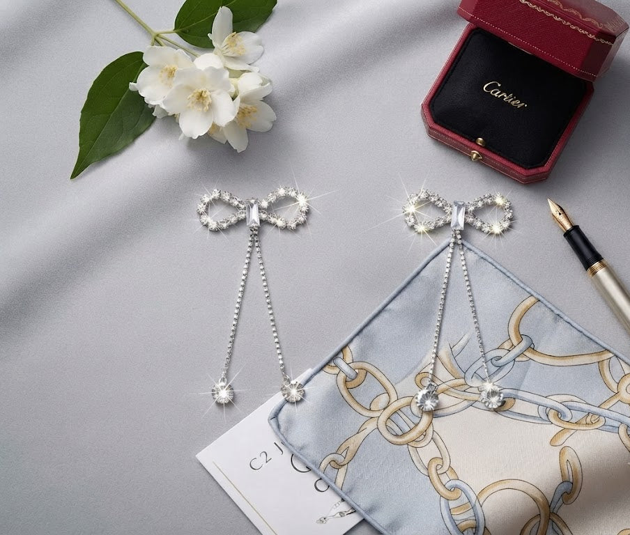 Silver CZ open bow tassel chain drop earrings in an open navy blue velvet gift box with silver satin ribbon on a dark black background with scattered loose CZ stones – AureliaBlends statement dangle earrings