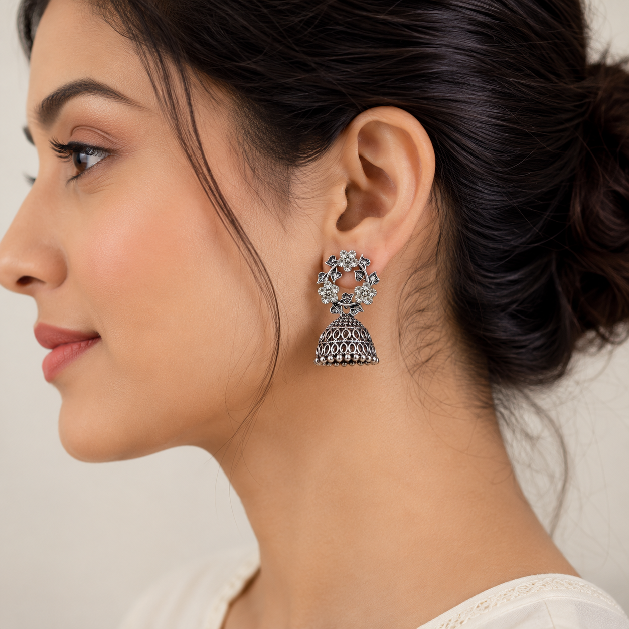 Oxidised silver CZ floral wreath and open oval lattice jhumka bell drop earrings in open cream velvet jewellery gift box with Especially for You and A Little Something for Someone Special gift card and dusty rose satin ribbon with blush roses and gypsophila – AureliaBlends luxury gift earrings