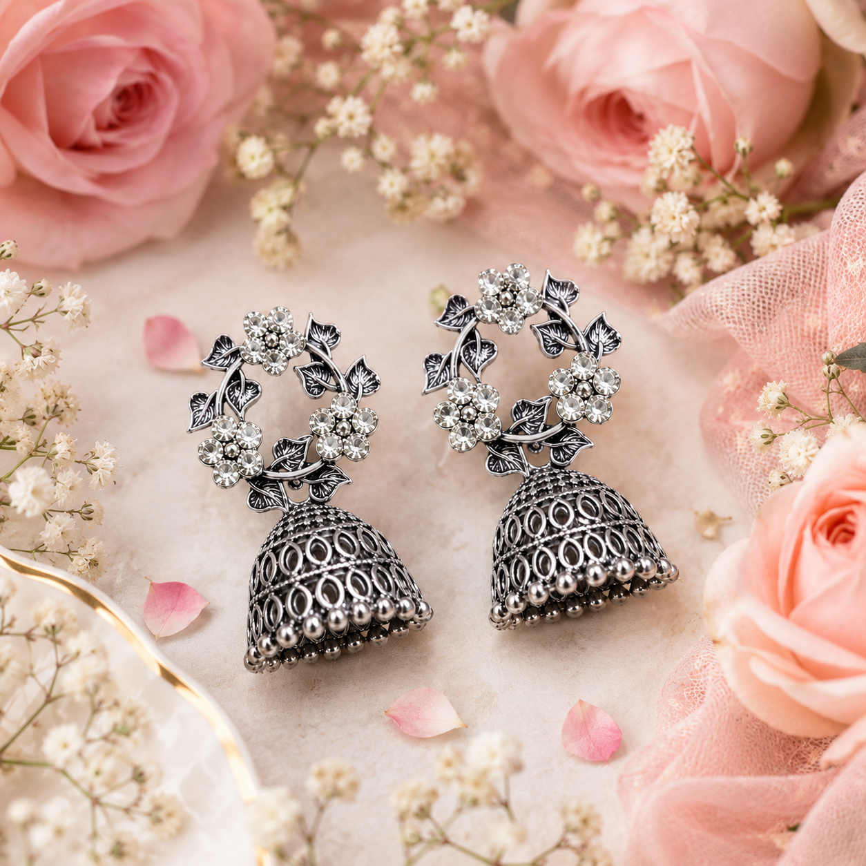 Oxidised silver CZ floral wreath and open oval lattice jhumka bell drop earrings displayed on black velvet T-bar earring stand in luxury Timeless Elegance Jewellery boutique with illuminated gold display cases chandelier and Timeless Elegance Crafted to Perfection business card – AureliaBlends editorial