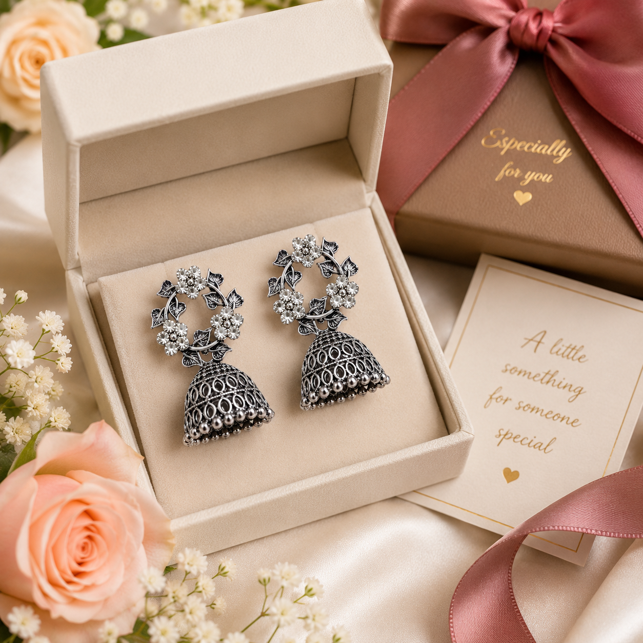 Oxidised silver CZ floral wreath and open oval lattice jhumka bell drop earrings on cream suede T-bar earring stand on marble counter in warm Elegance Jewellery boutique with white roses gypsophila burgundy velvet ring box and cream satin ribbon – AureliaBlends