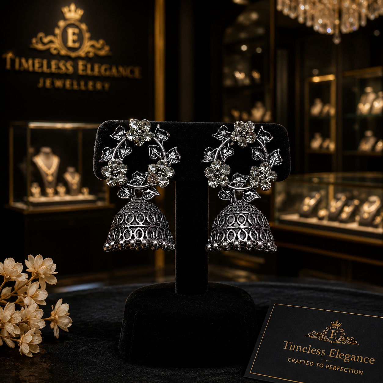 Close-up detail of oxidised silver CZ floral wreath stud showing five CZ-centred flowers with leaf vine detailing and dome-shaped open oval lattice jhumka bell with interlocking oval cutwork and silver ball fringe drop rim – AureliaBlends antique silver jhumka earrings