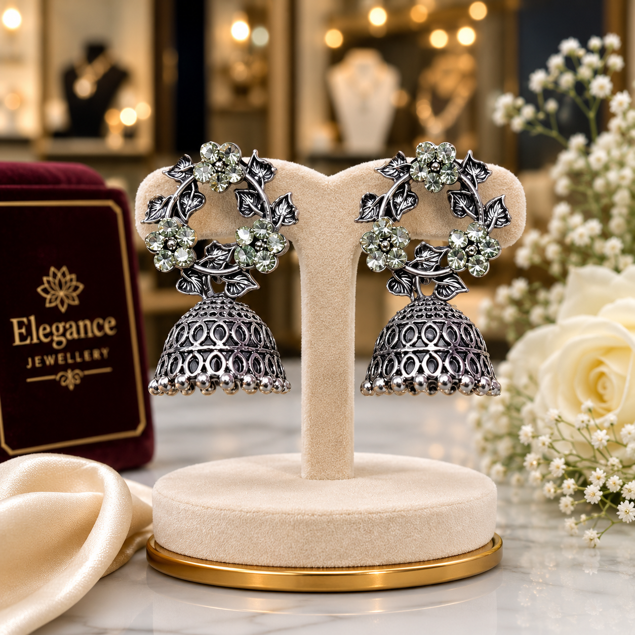 Oxidised silver CZ floral wreath and open oval lattice jhumka bell drop earrings editorial boutique shot on cream suede T-bar stand with warm bokeh lighting white roses gypsophila and Elegance Jewellery branding – AureliaBlends antique silver earrings