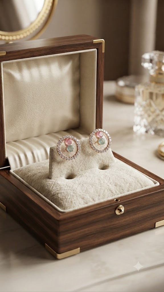 Rose gold pavé CZ open circle halo pink and mint stone stud earrings flat lay on blush pink satin with pink rose petals, scattered CZ stones, emerald and pink gemstones, a gold pearl necklace and an Atelier Luna gold tag – AureliaBlends lifestyle shot