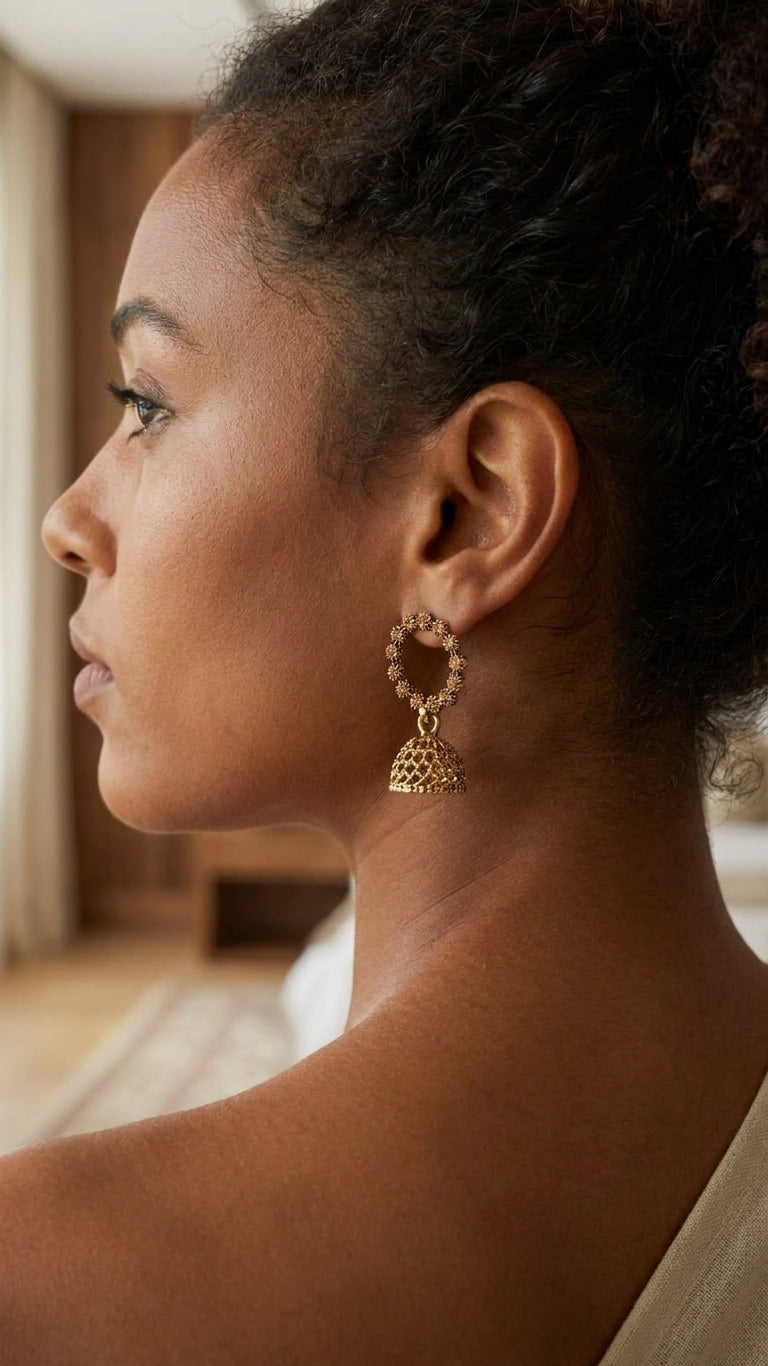 Gold-plated jhumka earrings with CZ floral hoop on cream satin – bridal wedding earrings AureliaBlends