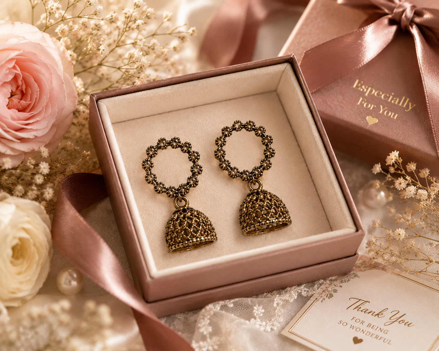 Gold jhumka drop earrings white background product shot – floral hoop chandelier earrings AureliaBlends