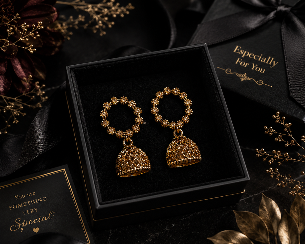 Close-up gold jhumki earrings antique finish – bridal shower gift for her AureliaBlends