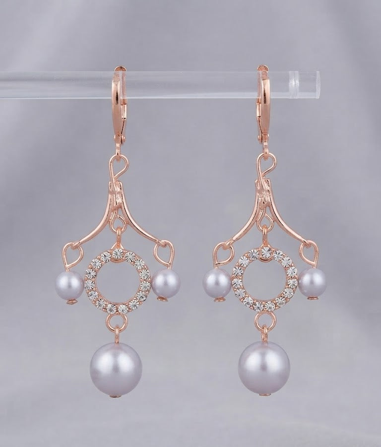 Rose gold CZ pavé circle pearl chandelier leverback drop earrings in an open navy blue gift box with white velvet cushion and a 'For You, With Love' rose gold card on a light surface – AureliaBlends gift jewellery