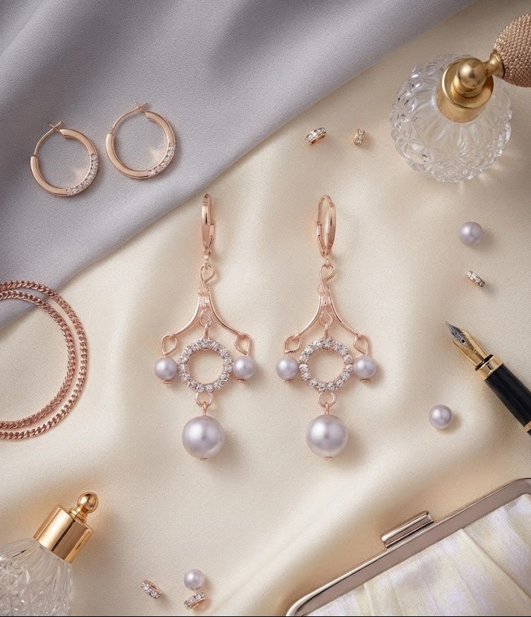 Rose gold CZ pavé circle pearl chandelier leverback drop earrings in an open navy blue gift box with white velvet cushion and a 'For You, With Love' gold card on a dark black velvet surface with scattered gold confetti dots – AureliaBlends luxury bridal earrings