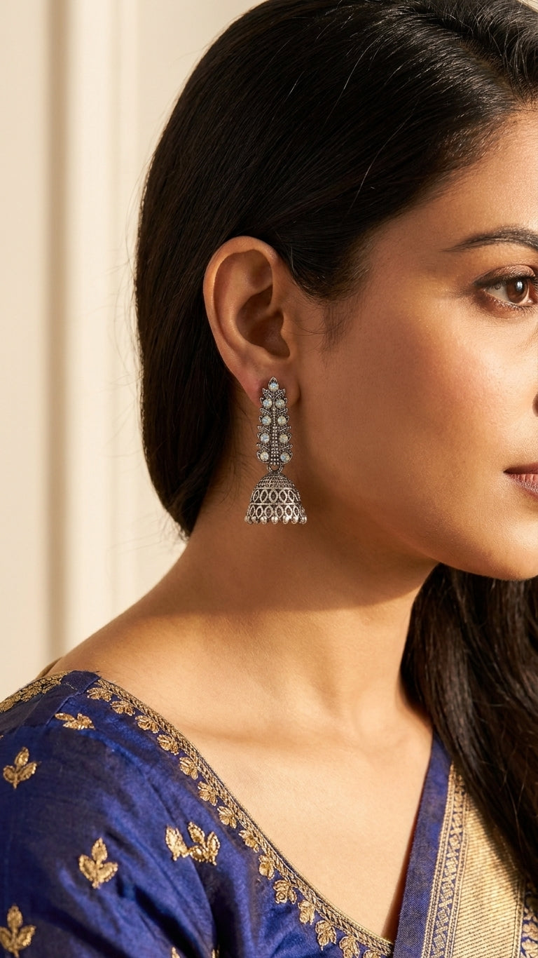 Oxidised silver jhumka earrings with turquoise stones handmade luxury tag – ethnic jewellery AureliaBlends