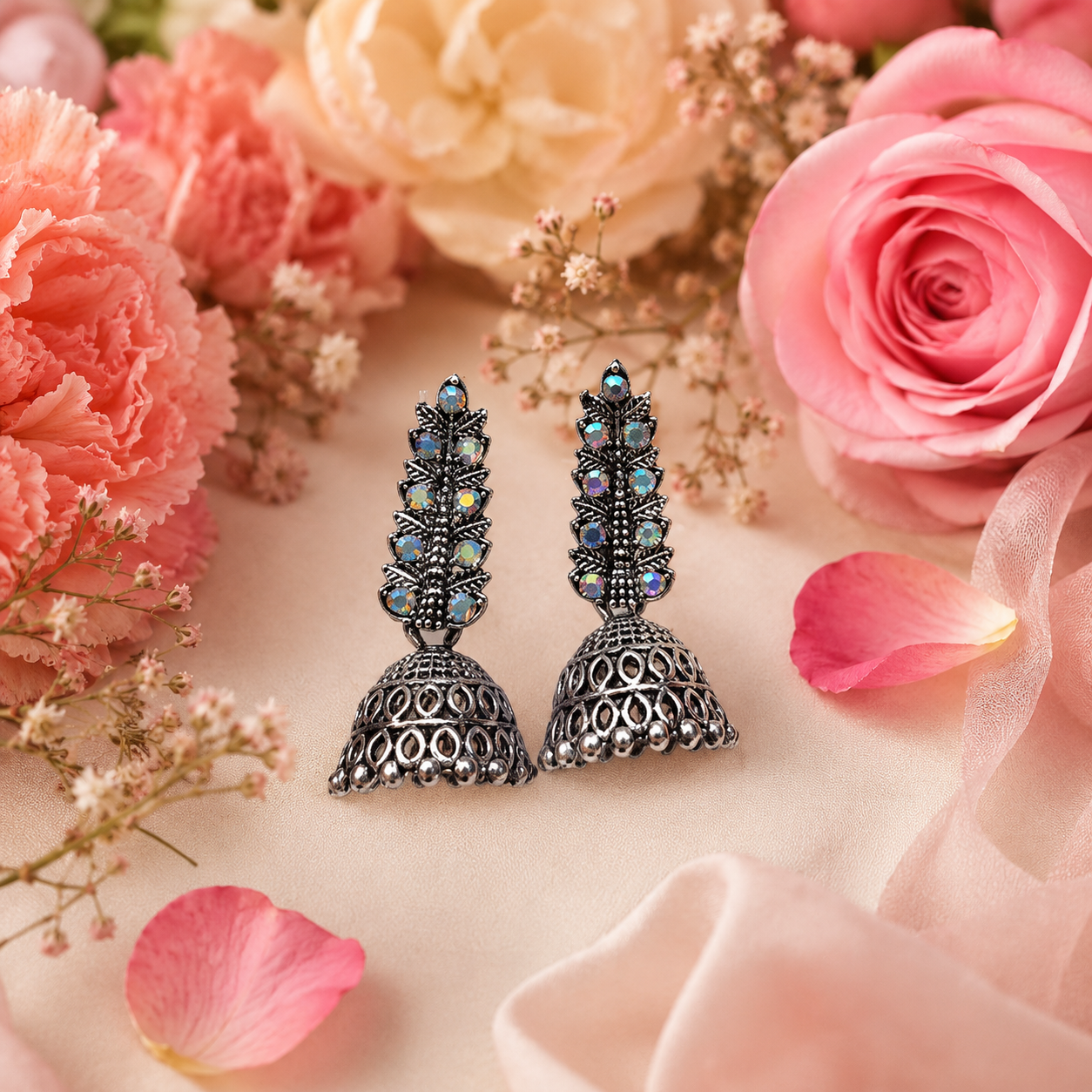 Antique oxidised jhumki earrings with AB crystals on black satin – evening wear statement earrings AureliaBlends