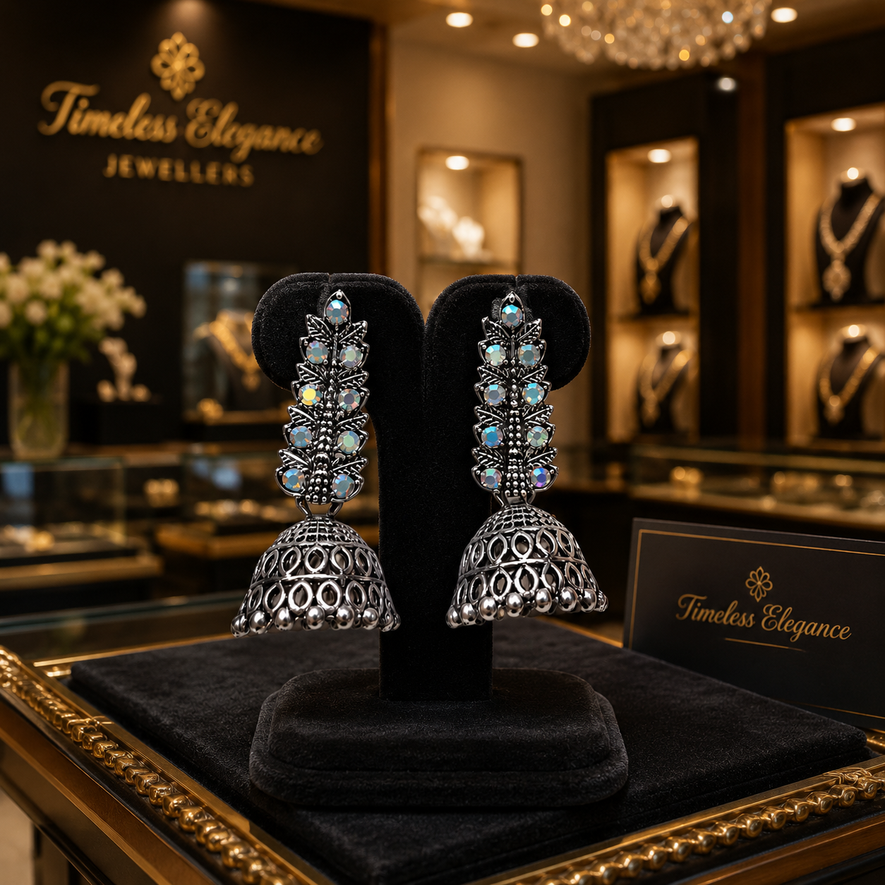 Oxidised jhumka earrings product flat lay with pearls and turquoise – bridesmaid jewelry AureliaBlends