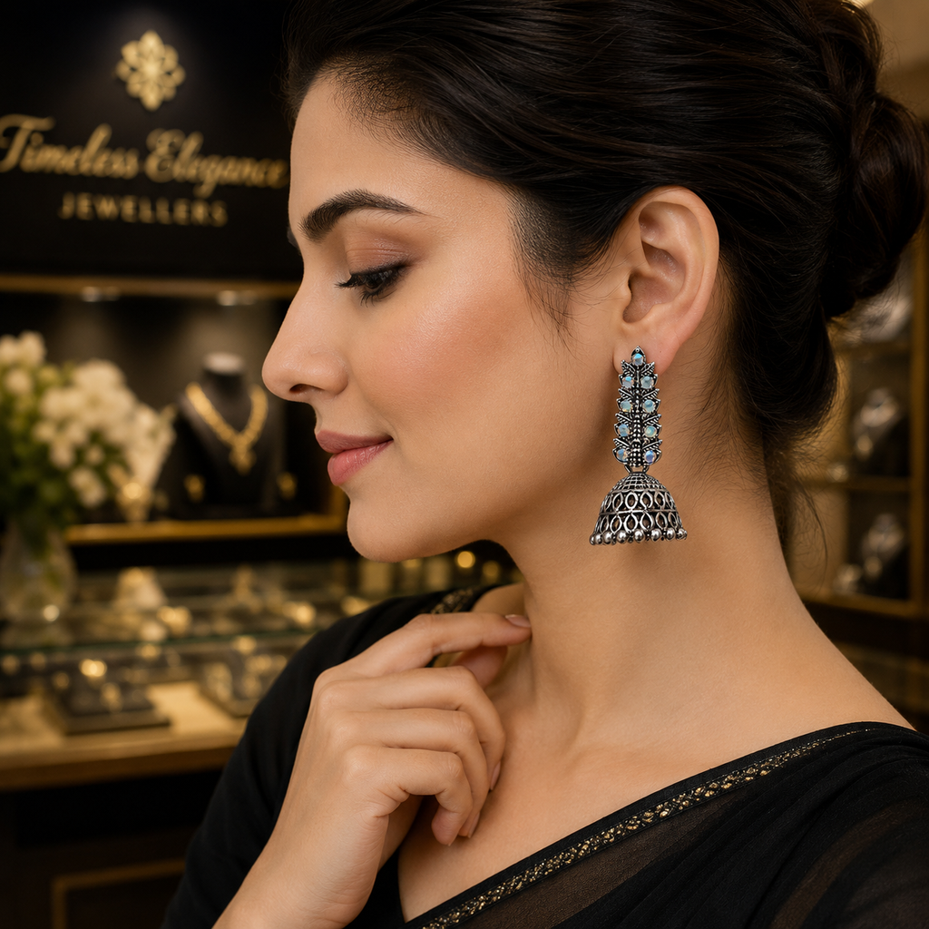 Oxidised silver jhumka earrings white background studio shot – wedding guest earrings AureliaBlends