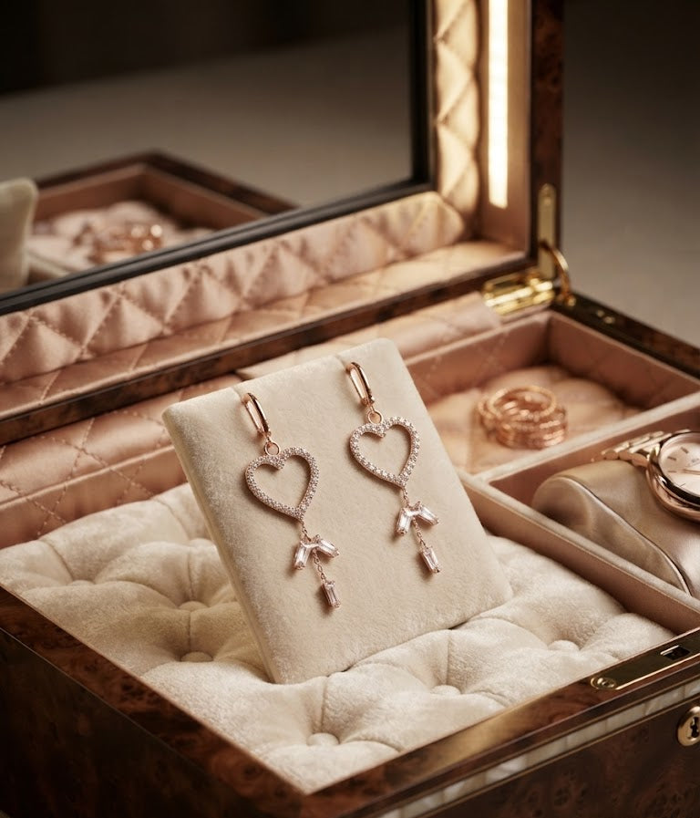 Rose gold pavé CZ open heart baguette crystal tassel leverback drop earrings flat lay on a dark walnut wood surface with cream satin drape, rose gold heart and arrow confetti, scattered baguette CZ stones, a crystal perfume bottle and a cream ribbon-tied gift box – AureliaBlends Valentine's Day earrings