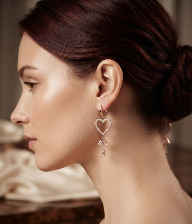 Rose gold pavé CZ open heart baguette crystal tassel leverback drop earrings in an open burgundy velvet 'LOVE' gift box with white foam cushion and a 'For My Love' gold plaque on cream satin – AureliaBlends romantic Valentine's Day gift jewellery