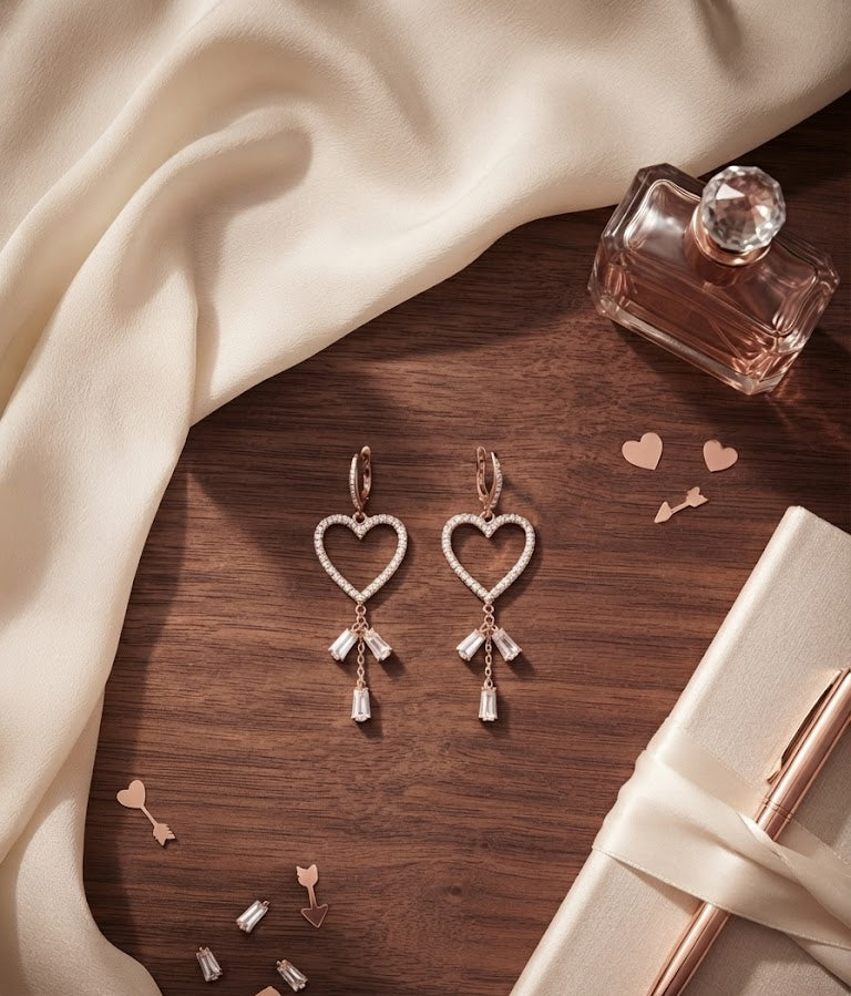 Rose gold pavé CZ open heart baguette crystal tassel leverback drop earrings in an open burgundy velvet gift box with white tissue paper and a 'For You, With Love' card on a warm wooden surface – AureliaBlends luxury bridal earrings gift