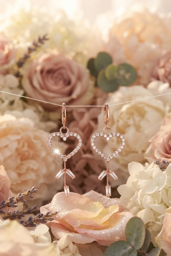Rose gold pavé CZ open heart baguette crystal tassel leverback drop earrings close-up on blush floral background with pink roses and white hydrangea showing CZ heart frame sparkle and baguette crystal tassel drops – AureliaBlends romantic dangle earrings