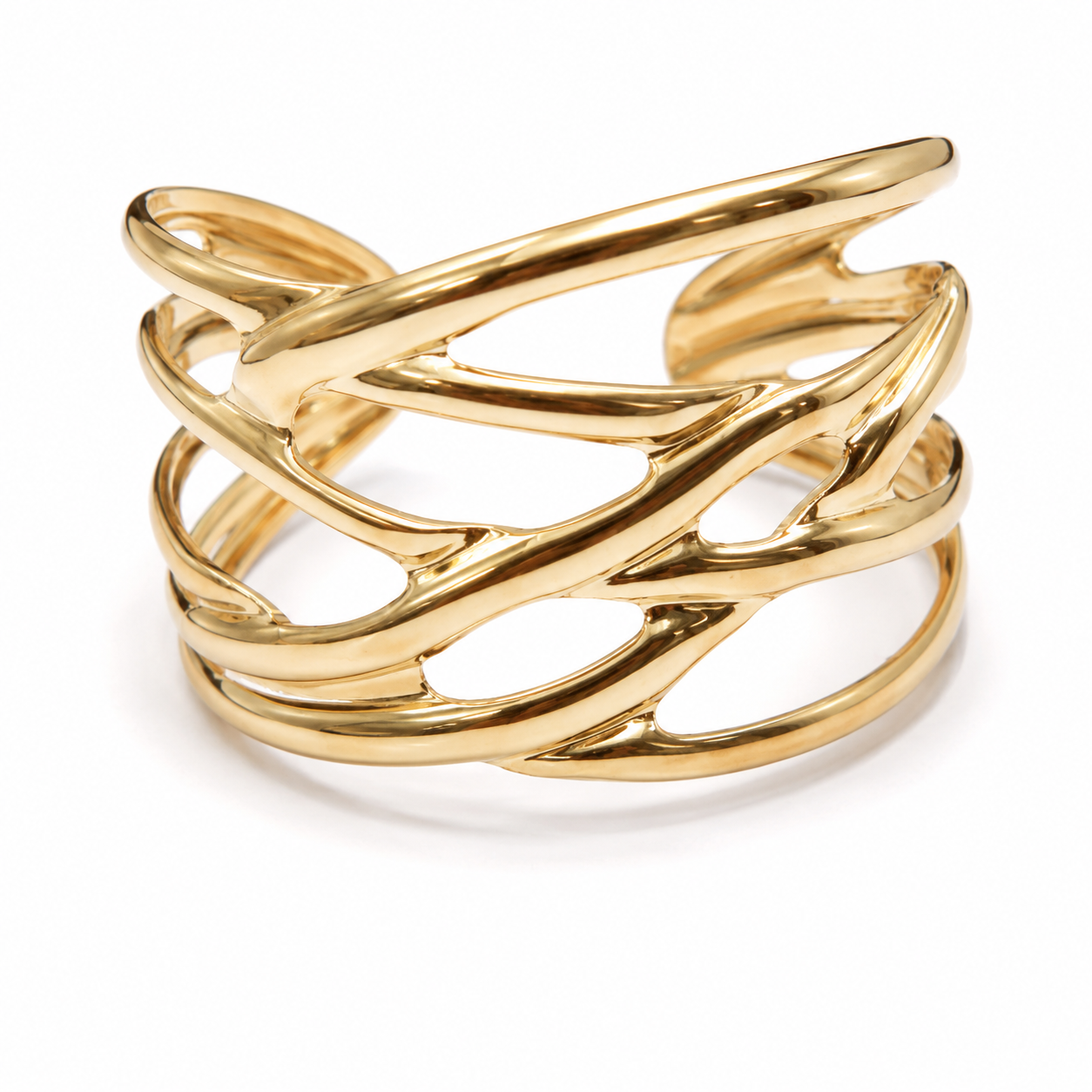 Gold woven open weave cuff bracelet on white background – AureliaBlends 18K gold plated sculptural bangle