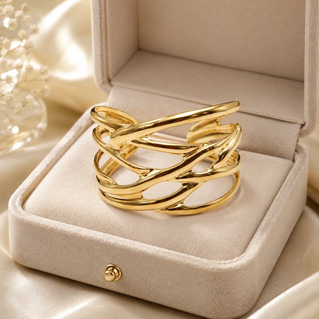 Gold woven cuff bracelet in cream velvet jewelry box with pearl necklace – AureliaBlends luxury gift bracelet