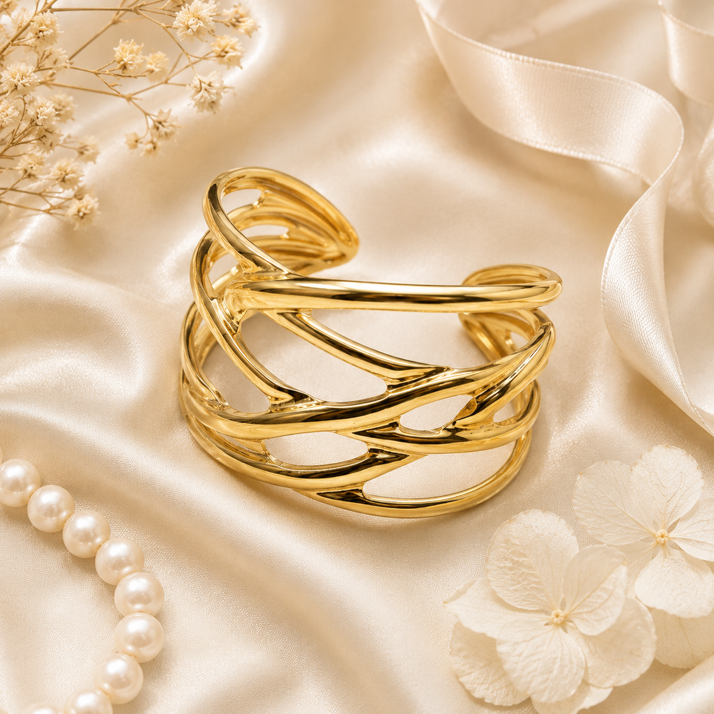 Gold woven cuff bracelet on cream satin with pearls and white flowers – AureliaBlends bridal jewelry