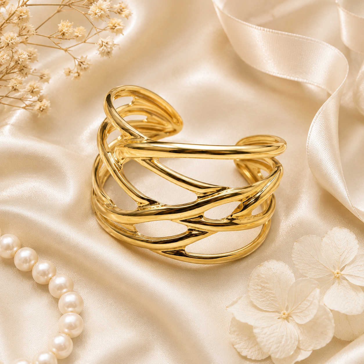 Gold woven cuff bracelet on cream satin with pearls and white flowers – AureliaBlends bridal jewelry