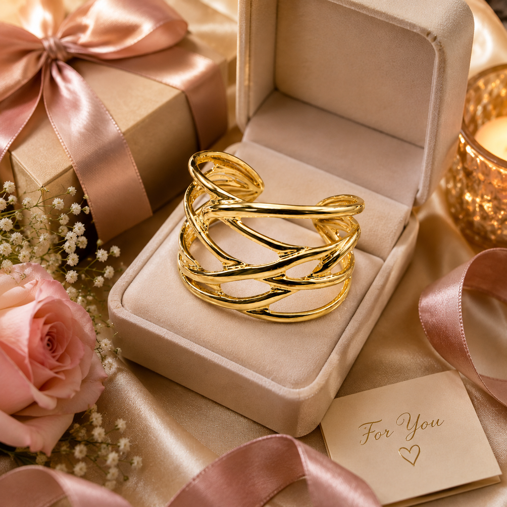 Gold woven cuff bracelet in velvet box with pink roses and gift ribbon – AureliaBlends luxury jewelry gift for her