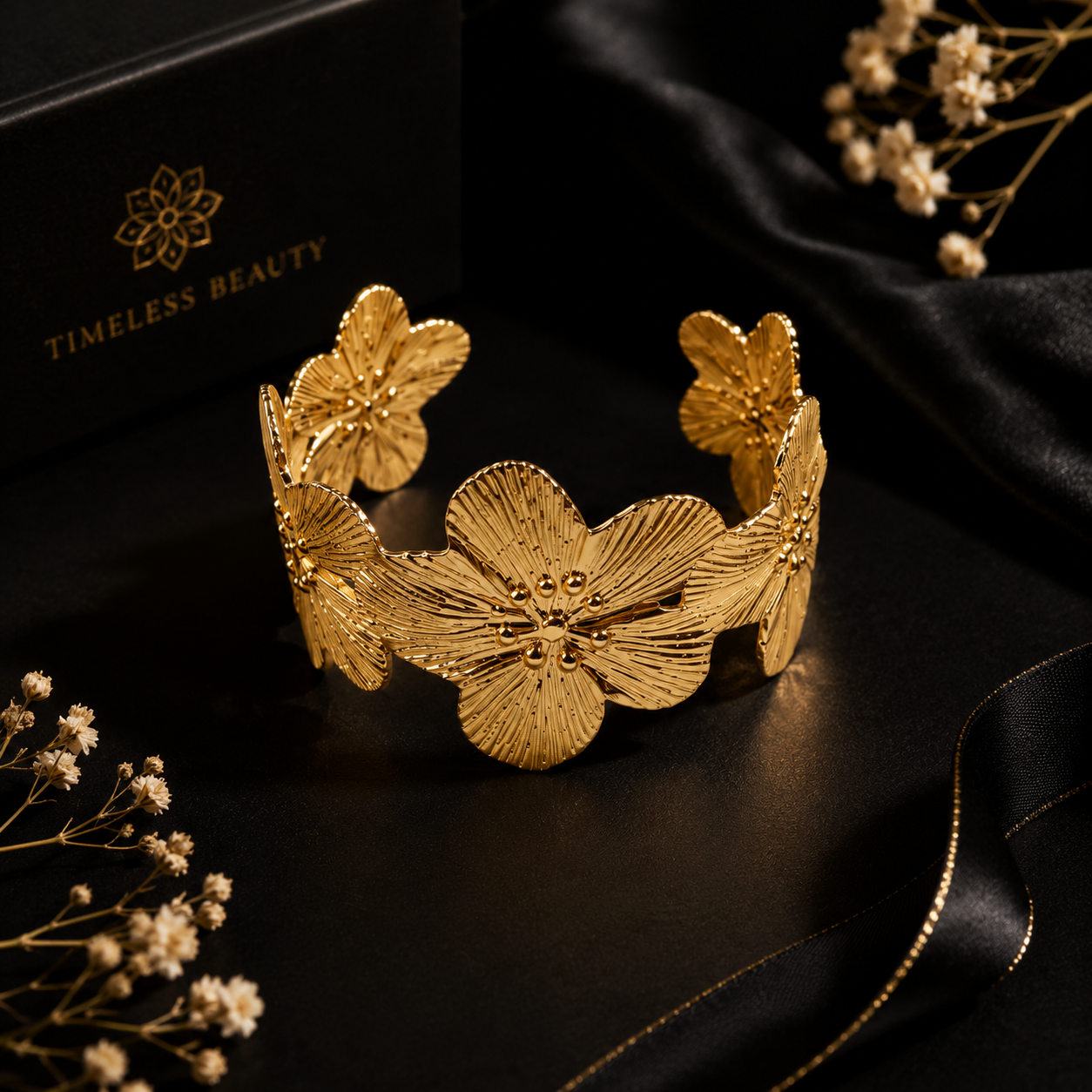 Close-up of woman wearing gold hibiscus wide cuff bracelet on wrist in satin blouse – AureliaBlends bridal jewelry