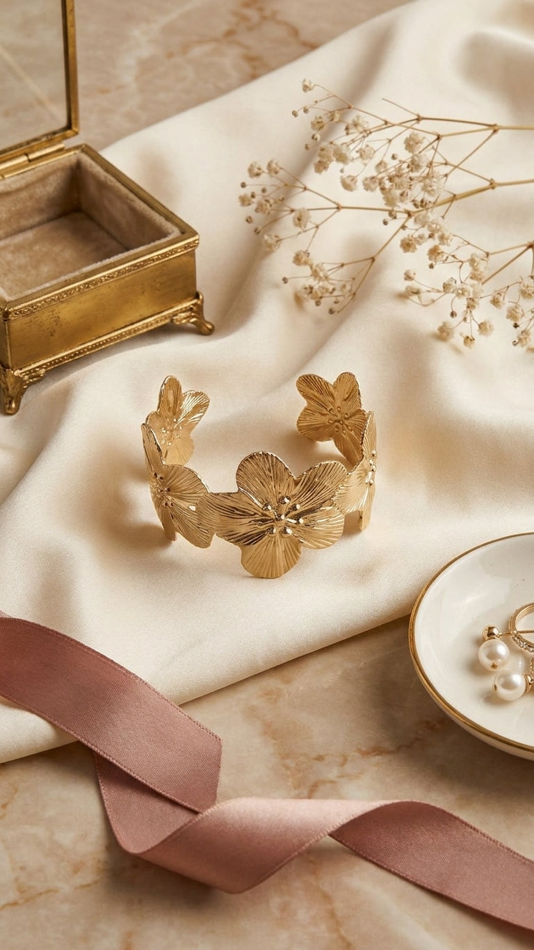 Gold hibiscus wide cuff bracelet on cream silk with gold jewelry box and pink ribbon – AureliaBlends floral bangle