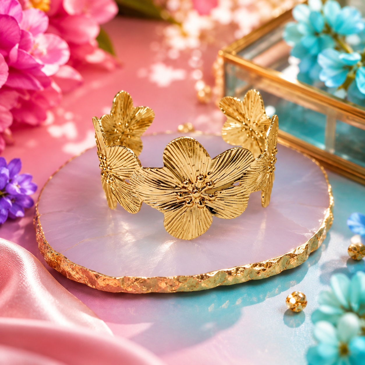 Gold Hibiscus Wide Cuff Bracelet – 18K Gold Plated Floral Bangle for Women