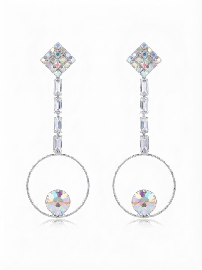 Aurora crystal hoop drop earrings silver CZ statement dangle – product shot white background – AureliaBlends