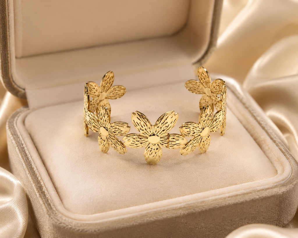 Bloom in Elegance gold flower cuff bracelet promotional banner – AureliaBlends bridal jewelry collection
