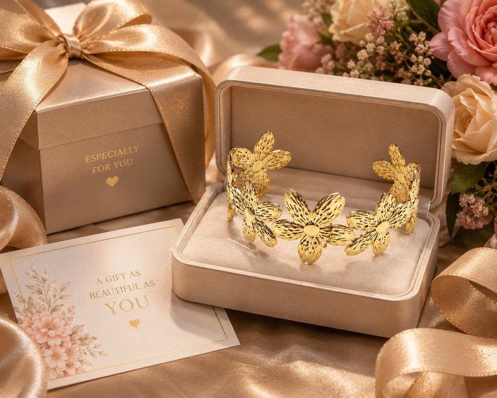 Gold floral cuff bracelet on teal and magenta velvet display – AureliaBlends festive bridal jewelry