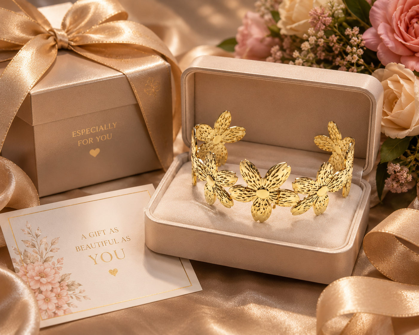 Gold floral cuff bracelet on teal and magenta velvet display – AureliaBlends festive bridal jewelry