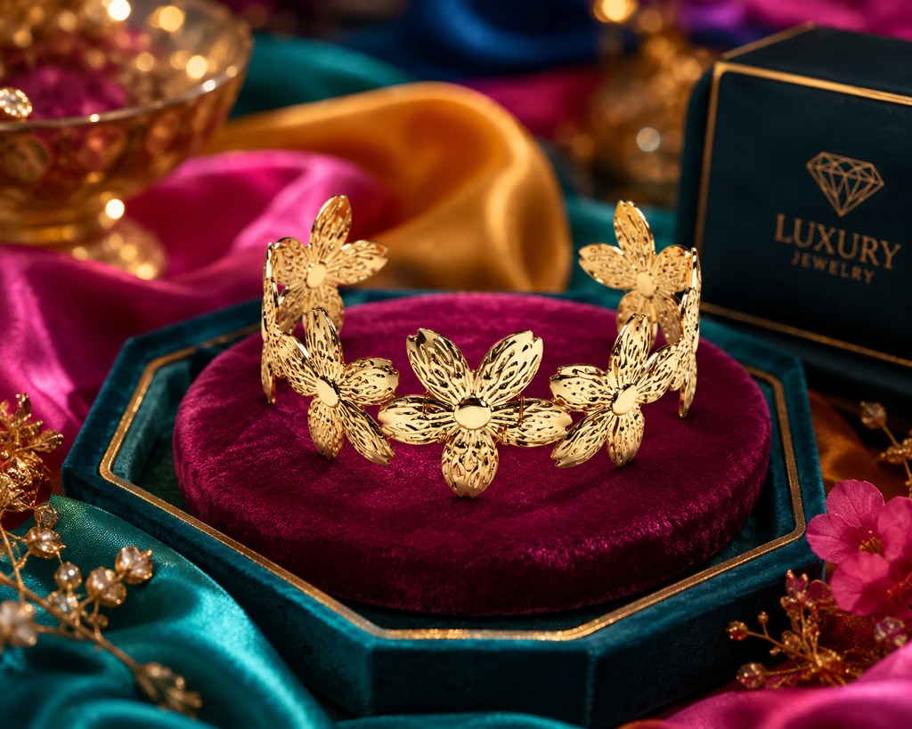 Gold daisy flower cuff bracelet on white silk with roses and perfume – AureliaBlends evening wear bracelet