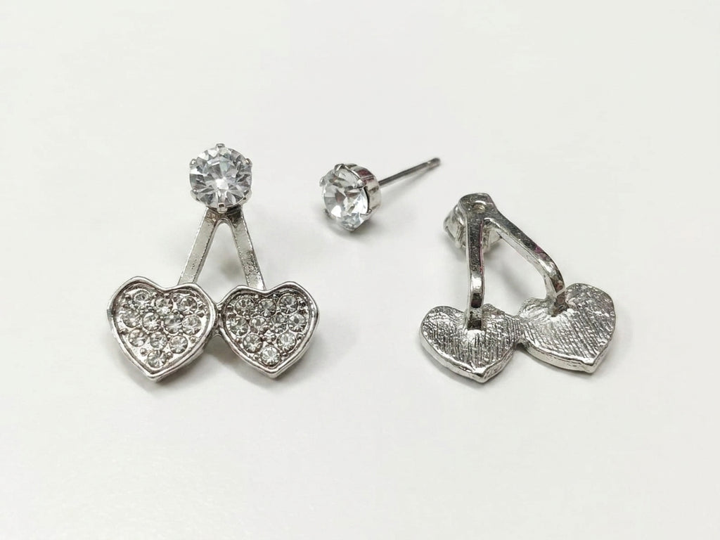 Silver cubic zirconia double heart ear jacket earrings on white background – AureliaBlends Diamond Heart Collection