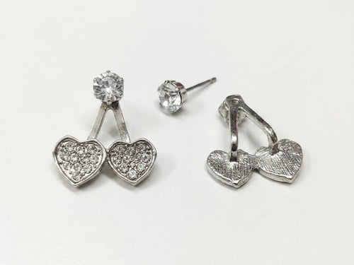 Silver cubic zirconia double heart ear jacket earrings on white background – AureliaBlends Diamond Heart Collection