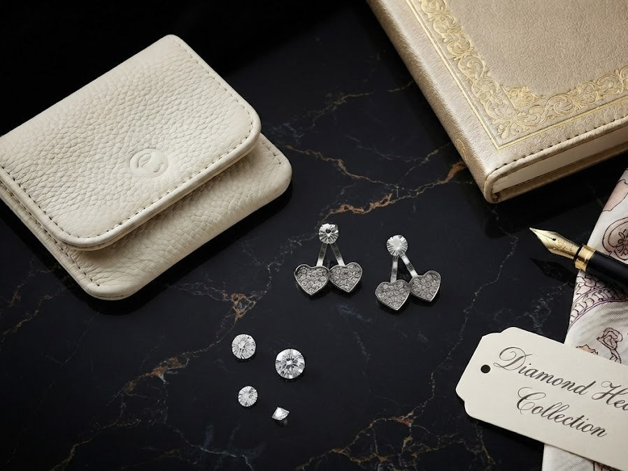 Close-up of silver CZ double heart ear jacket earrings showing pavé heart detail and round CZ stud – AureliaBlends Diamond Heart Collection
